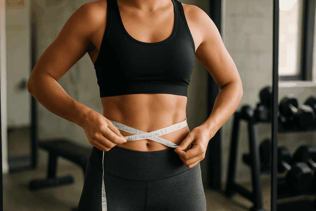 Woman measuring her waist in front of a mirror after workout, illustrating how much cardio per day to lose belly fat.