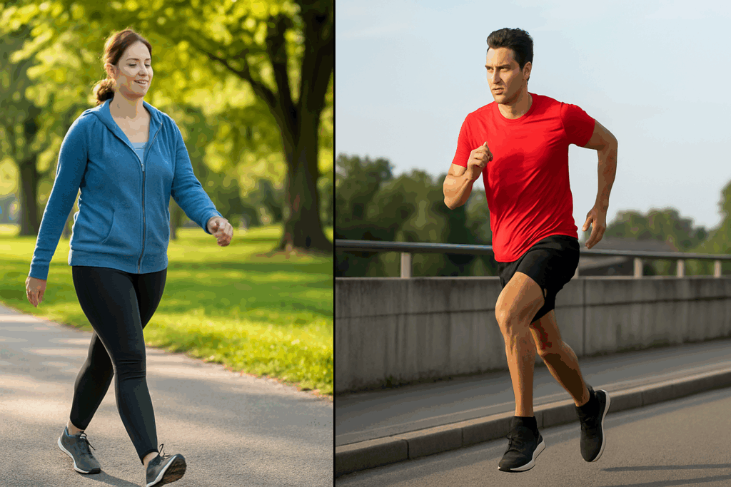 Side-by-side of woman brisk walking in a park and man sprinting on urban trail, illustrating How Much Exercise Per Day Do You Really Need