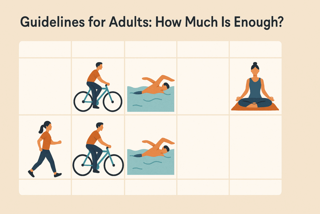 Weekly fitness calendar showing brisk walking, cycling, swimming, and yoga to illustrate how much exercise per day do you really need