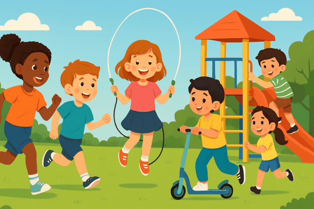 Diverse group of kids playing tag, skipping rope, and climbing at a park, illustrating How Much Exercise Per Day Do You Really Need for children.