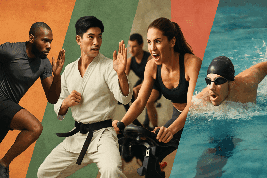 Adults engaged in high-intensity workouts—sprinting, martial arts, spin class, and swimming—illustrating How Much Exercise Per Day Do You Really Need.