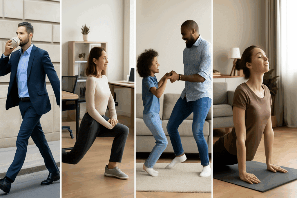 People fitting in short workouts throughout the day—walking, lunging, dancing, and doing yoga—illustrating how much exercise per day do you really need.