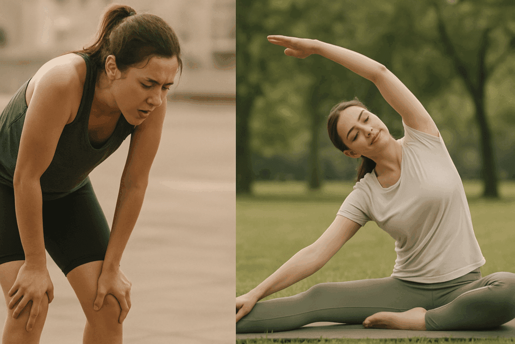 Exhausted woman post-HIIT and another woman calmly stretching in a park, contrasting intensity and mindfulness to reflect How Much Exercise Per Day Do You Really Need