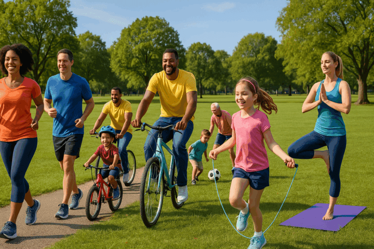 Diverse group of adults and children doing outdoor activities in a sunny park, illustrating How Much Exercise Per Day Do You Really Need