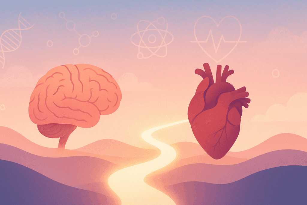 How Much Exercise Per Week for Real Results? Proven Fitness Activities to Boost Endurance and Performance Naturally 1 Brain and heart connected by a glowing path with science icons in the background, symbolizing how much exercise per week benefits mental and physical health.