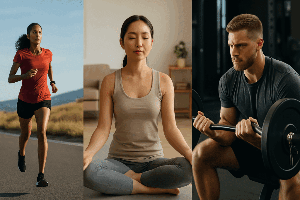 How Much Exercise Per Week for Real Results? Proven Fitness Activities to Boost Endurance and Performance Naturally 2 Three individuals demonstrate how much exercise per week can vary: marathon runner on a road, woman meditating indoors, and man lifting weights.