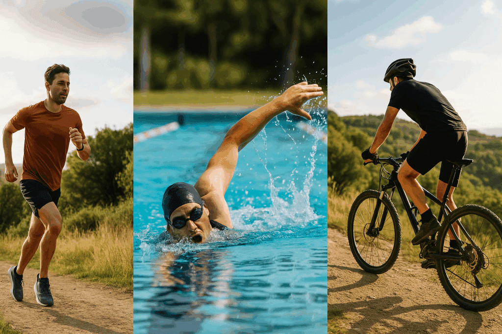 How Much Exercise Per Week for Real Results? Proven Fitness Activities to Boost Endurance and Performance Naturally 3 Runner on a nature trail, swimmer doing laps, and cyclist riding uphill outdoors, illustrating how much exercise per week supports endurance.