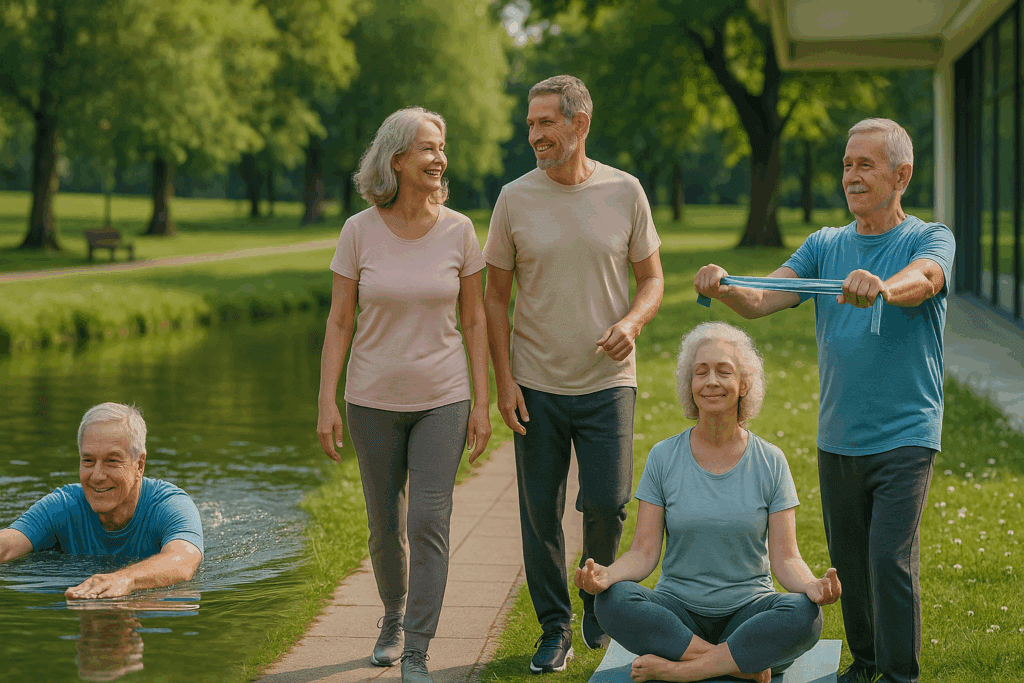 How Much Exercise Per Week for Real Results? Proven Fitness Activities to Boost Endurance and Performance Naturally 4 Active middle-aged and older adults swimming, walking, doing yoga, and resistance band exercises in a park to show how much exercise per week supports wellness