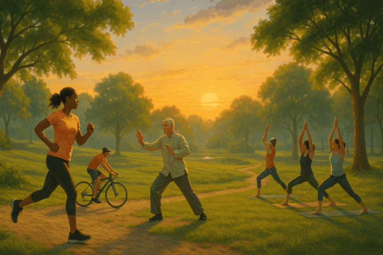 Diverse people exercising outdoors at sunrise, illustrating how much exercise per week supports health through running, cycling, tai chi, and yoga in a park.