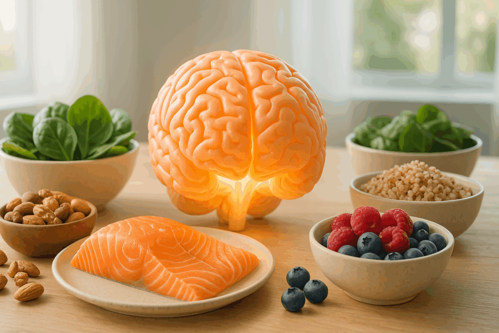 How Nutrition and Mental Health Are Connected: Six Benefits of Eating Well for Emotional Wellness 1 Glowing brain surrounded by salmon, spinach, berries, grains, and nuts on a sunlit table, symbolizing eating well for emotional wellness.