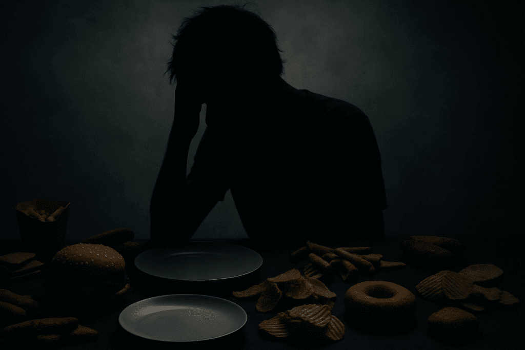 How Nutrition and Mental Health Are Connected: Six Benefits of Eating Well for Emotional Wellness 2 Fatigued person silhouetted at a dim table surrounded by junk food and empty plates, symbolizing the mental toll of not eating well for emotional wellness.
