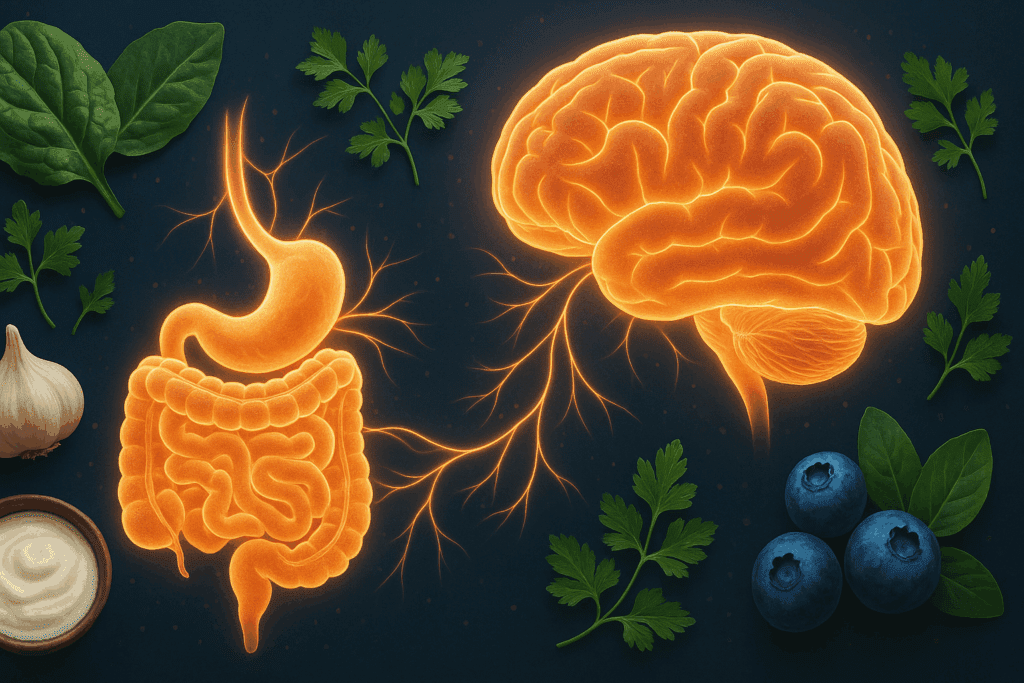 How Nutrition and Mental Health Are Connected: Six Benefits of Eating Well for Emotional Wellness 4 Stylized glowing gut and brain connected by neural pathways, surrounded by yogurt, garlic, leafy greens, and berries, symbolizing eating well for emotional wellness