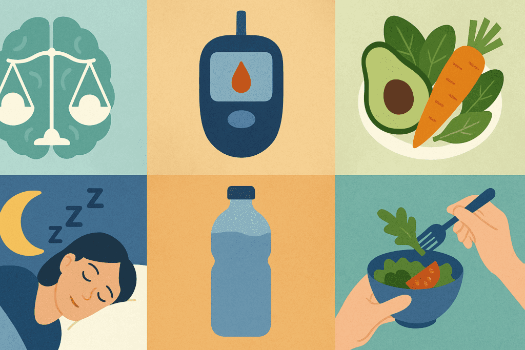 How Nutrition and Mental Health Are Connected: Six Benefits of Eating Well for Emotional Wellness 3 Collage symbolizing eating well for emotional wellness with illustrations of balanced brain chemistry, steady blood sugar, anti-inflammatory foods, restful sleep, hydration, and mindful eating.