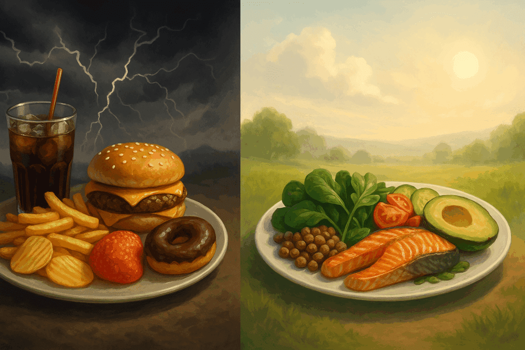 How Nutrition and Mental Health Are Connected: Six Benefits of Eating Well for Emotional Wellness 6 Side-by-side comparison showing how eating well for emotional wellness contrasts with consuming processed junk food, using symbolic imagery of calm light versus storm clouds