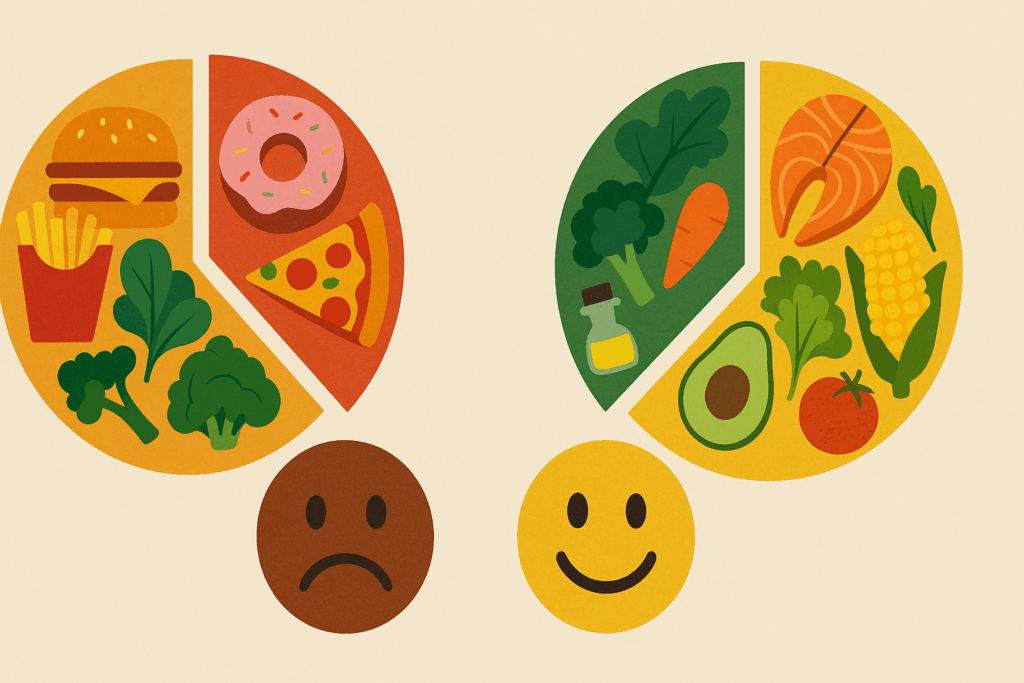 How Nutrition and Mental Health Are Connected: Six Benefits of Eating Well for Emotional Wellness 7 Infographic comparing Western and Mediterranean diets using food-based pie charts and mood icons to highlight the link between eating well for emotional wellness