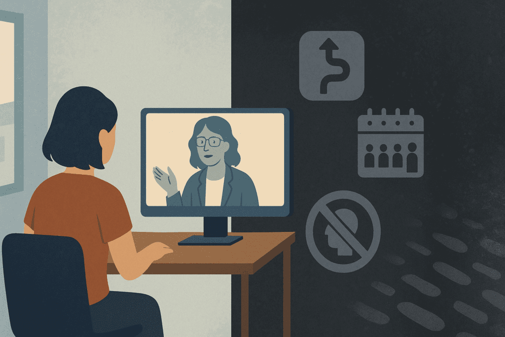 Split-screen concept showing Online Eating Disorder Treatment via virtual therapy at home, contrasted with fading barriers like clinic waitlists and stigma