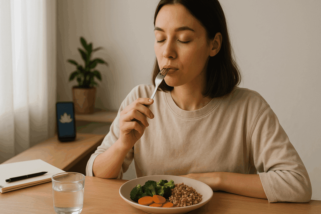 Young woman practicing mindful eating at a sunlit table, part of a holistic approach in online eating disorder treatment