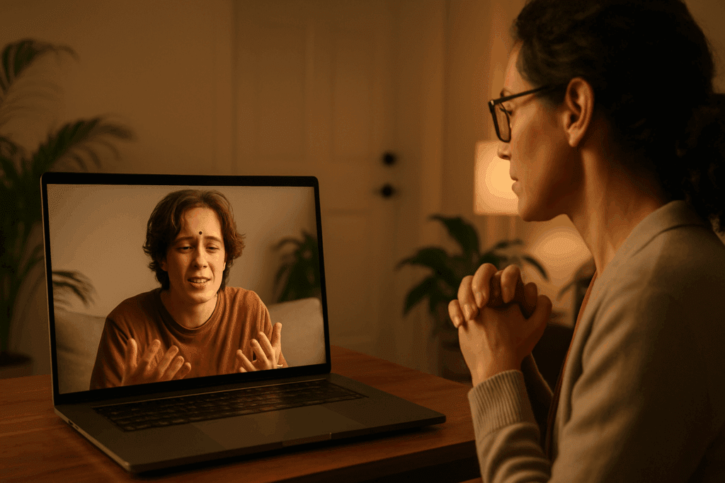 Young person expressing emotion during an Online Eating Disorder Treatment session via video call with a compassionate therapist in a calm, private setting