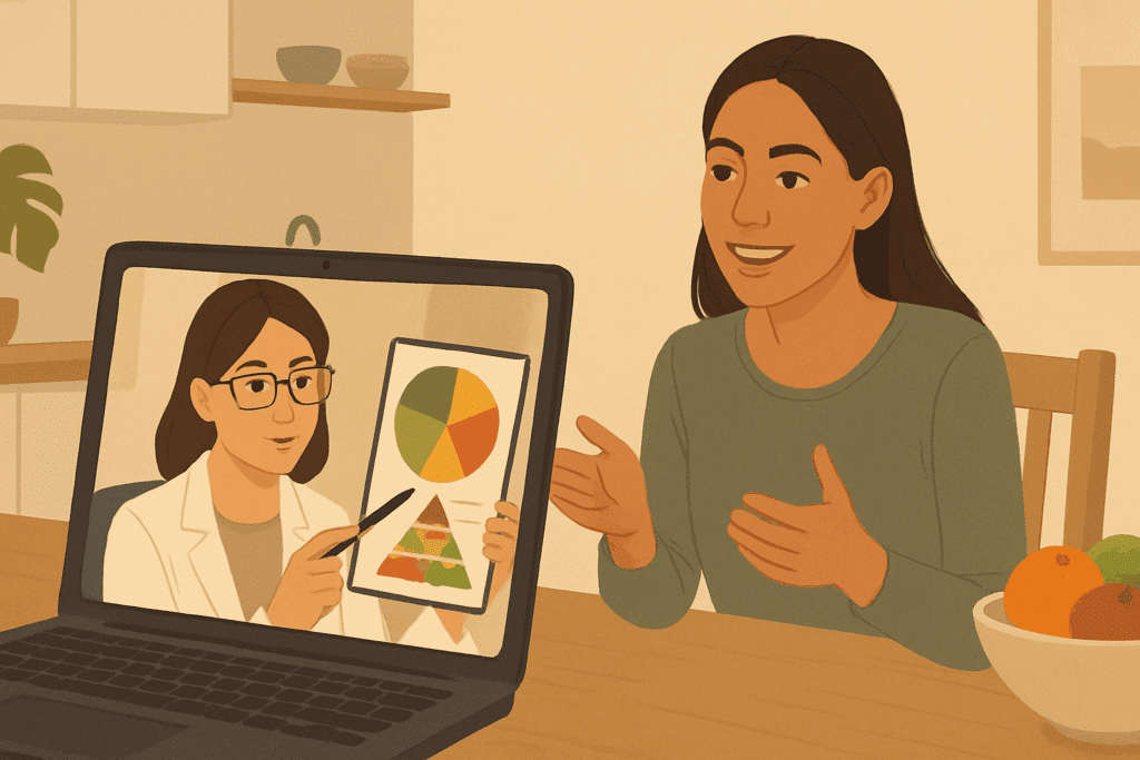 Virtual nutrition consultation showing a dietitian reviewing a food chart with a client at home, representing Online Eating Disorder Treatment support.