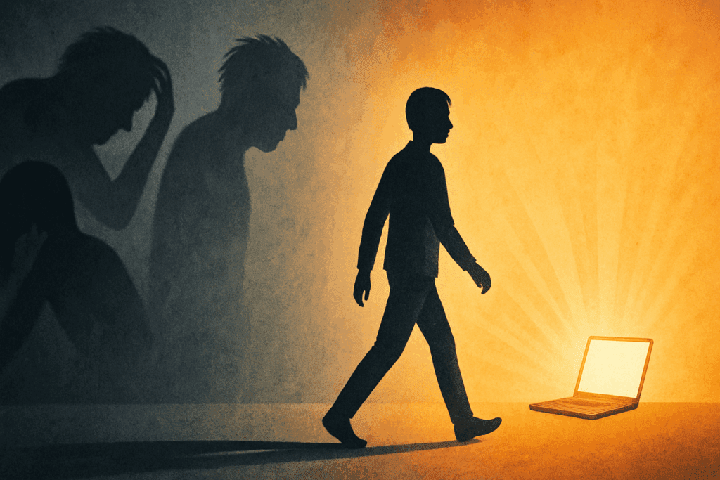 Person walking from dark emotional shadows into warm light symbolizing hope and support through Online Eating Disorder Treatment