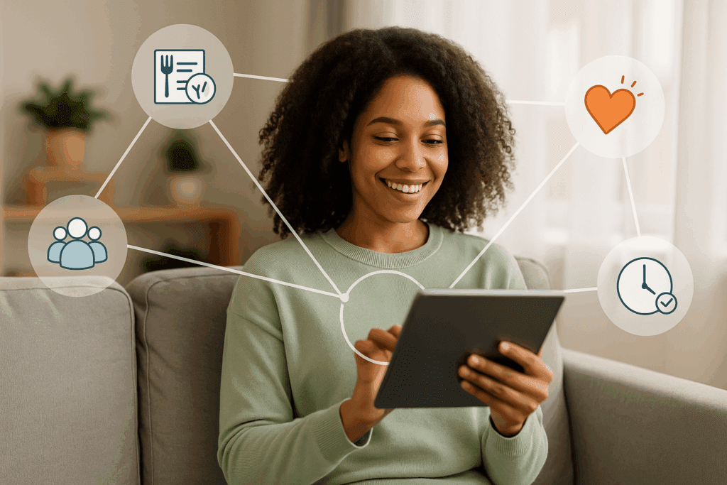 Smiling woman using a tablet at home, surrounded by virtual icons for meal tracking, emotions, support groups, and reminders—illustrating Online Eating Disorder Treatment tools.