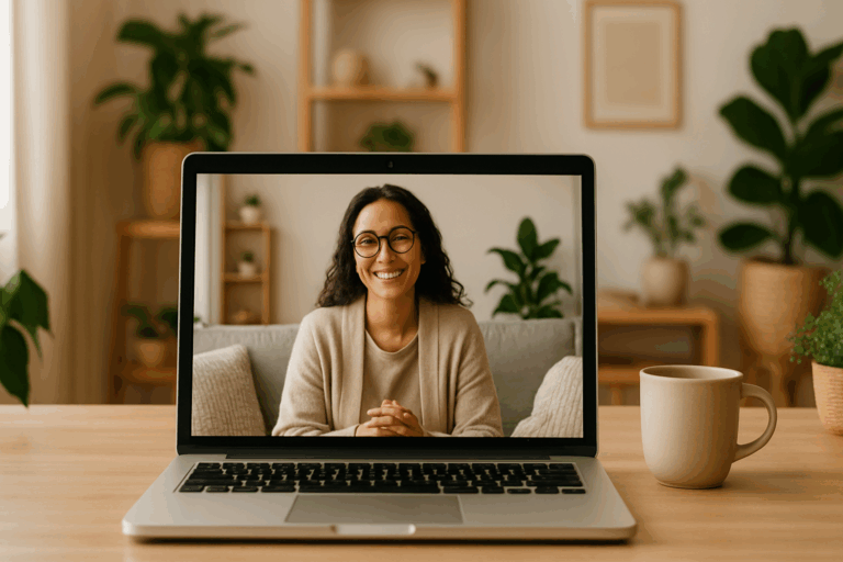 Smiling therapist in a virtual session on a laptop screen, promoting a calm and supportive setting for Online Eating Disorder Treatment.
