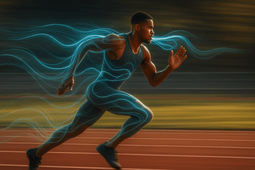 Athlete sprinting on a track with glowing oxygen flow patterns symbolizing enhanced VO2 max from effective breathing techniques for working out