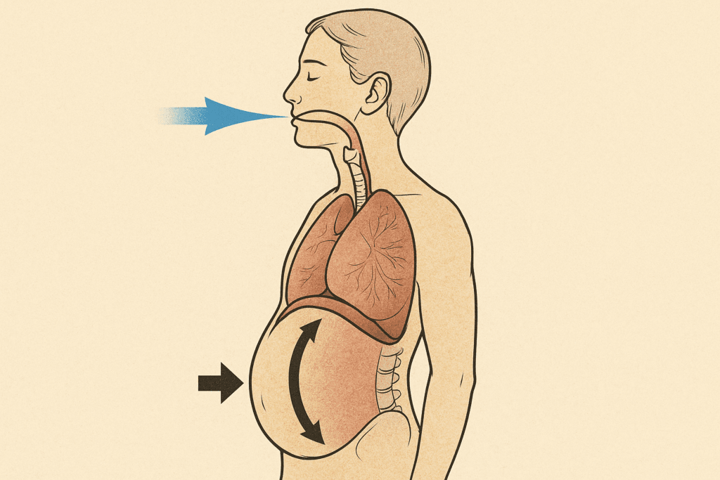 Side-view anatomical illustration showing diaphragmatic breathing technique with airflow and abdominal expansion, used in breathing techniques for working out