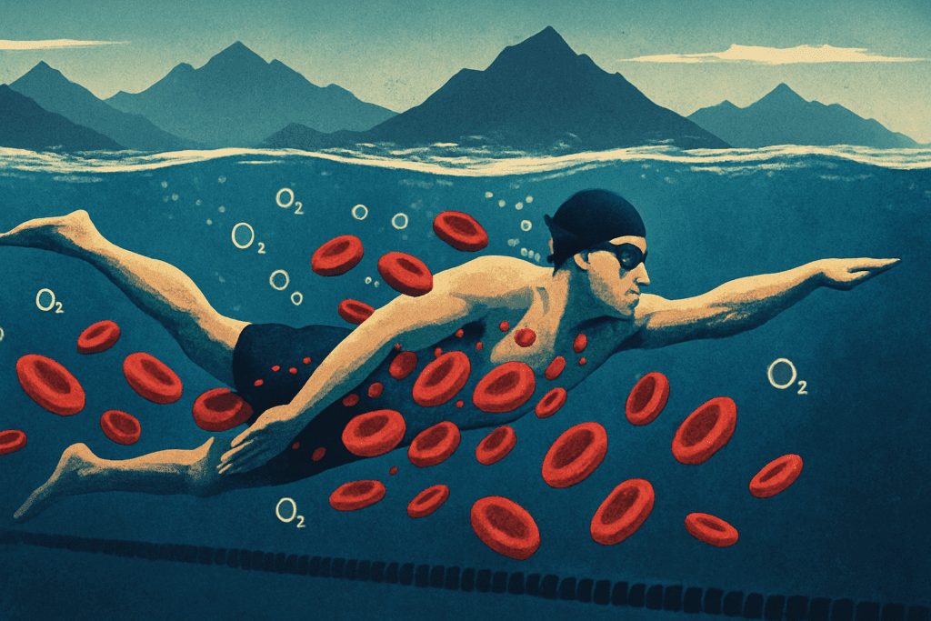 Underwater swimmer mid-stroke holding breath, with red blood cells and low oxygen molecules representing breathing techniques for working out