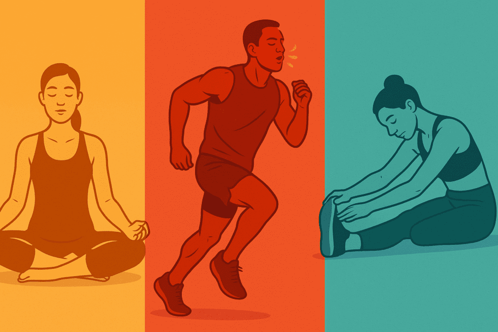Three-part infographic-style illustration showing breathing techniques for working out with athletes warming up, training, and cooling down.