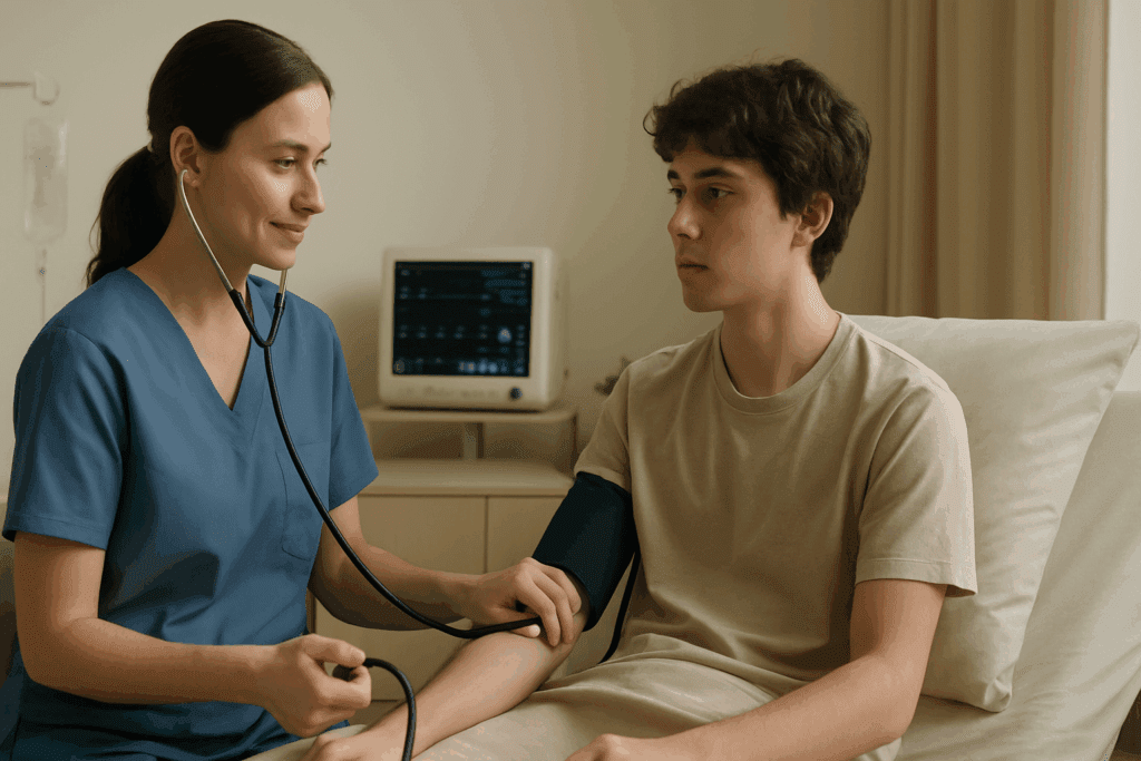 How Residential Eating Disorder Treatment Supports Lasting Recovery: What to Expect from Residential Eating Disorder Clinics 3 Nurse checking vitals of a young adult patient in a calm clinical room during residential eating disorder treatment