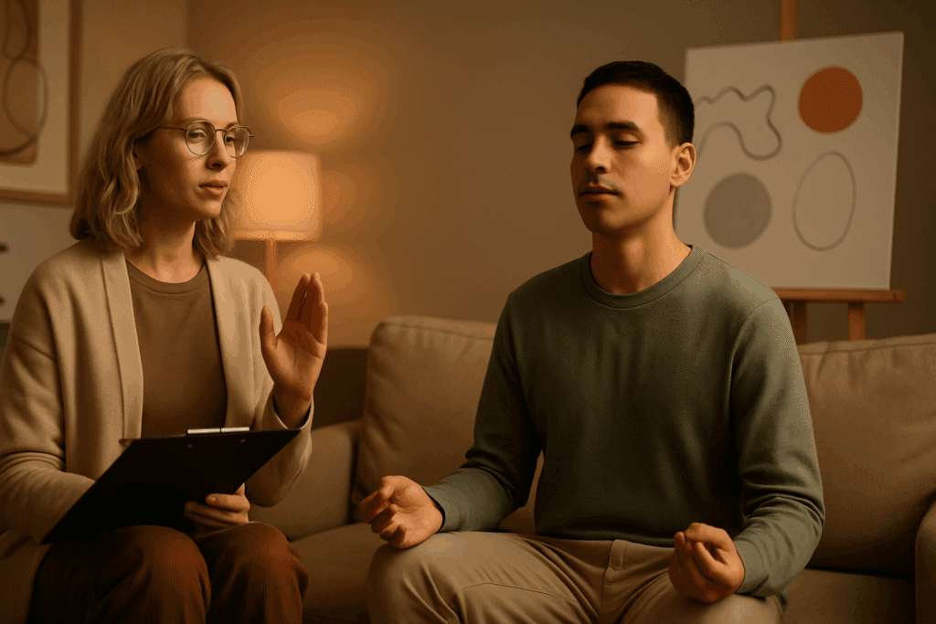 How Residential Eating Disorder Treatment Supports Lasting Recovery: What to Expect from Residential Eating Disorder Clinics 4 Therapist guiding a patient through mindfulness breathing exercises in a calming room during residential eating disorder treatment