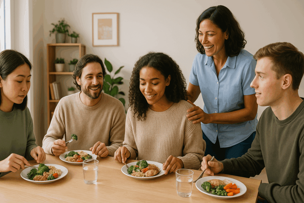 How Residential Eating Disorder Treatment Supports Lasting Recovery: What to Expect from Residential Eating Disorder Clinics 5 Supportive mealtime session during residential eating disorder treatment with diverse individuals and a friendly staff member in a calm, structured dining space