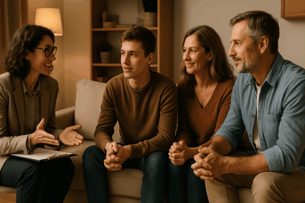 How Residential Eating Disorder Treatment Supports Lasting Recovery: What to Expect from Residential Eating Disorder Clinics 6 Therapist leads a family therapy session in a warmly lit room, supporting residential eating disorder treatment through family involvement.