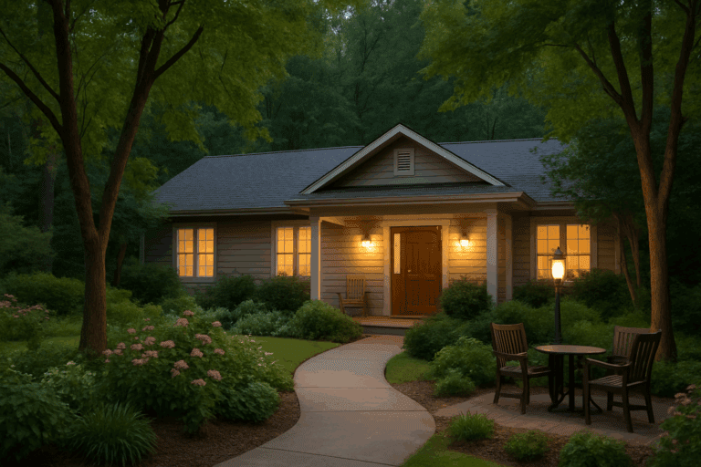 Serene residential eating disorder treatment center surrounded by lush greenery, featuring a cozy home with warm lighting and peaceful garden pathways.