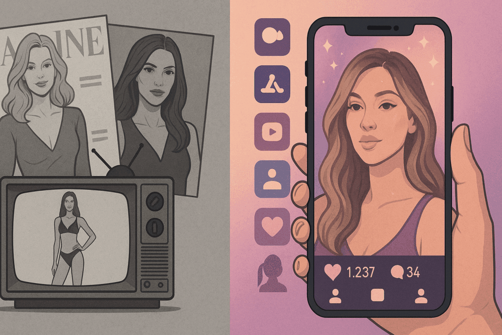 How Social Media May Influence Eating Disorders: Exploring the Link Between Anorexia and Online Culture 1 Split-screen comparison of traditional media and smartphone social feeds illustrating how social media may influence eating disorders through evolving beauty ideals.