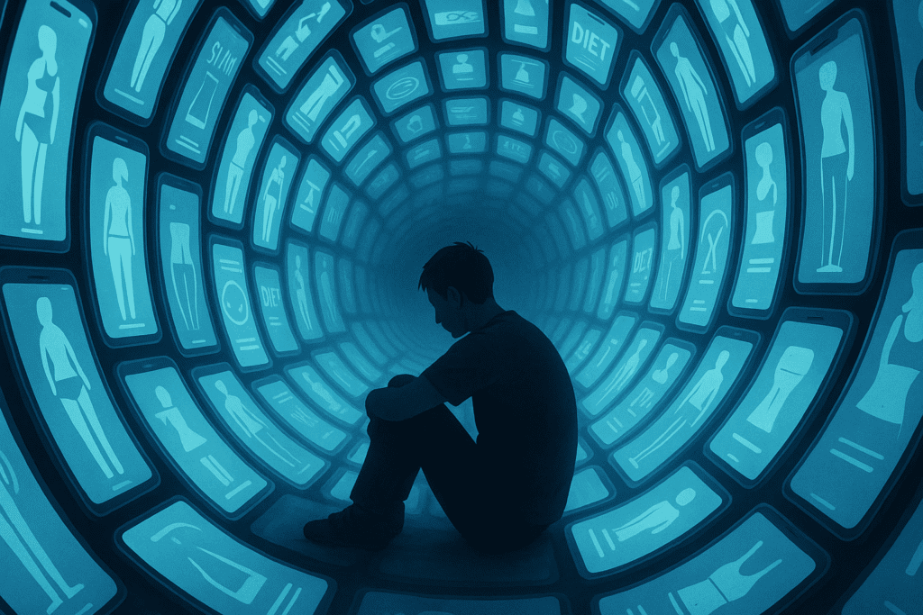 How Social Media May Influence Eating Disorders: Exploring the Link Between Anorexia and Online Culture 2 Teen surrounded by glowing diet-focused phone screens in a tunnel, symbolizing How Social Media May Influence Eating Disorders