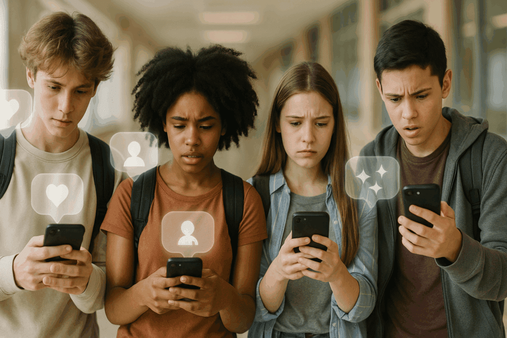 How Social Media May Influence Eating Disorders: Exploring the Link Between Anorexia and Online Culture 6 Diverse teens in a blurred school hallway looking anxiously at phones, symbolizing How Social Media May Influence Eating Disorders.