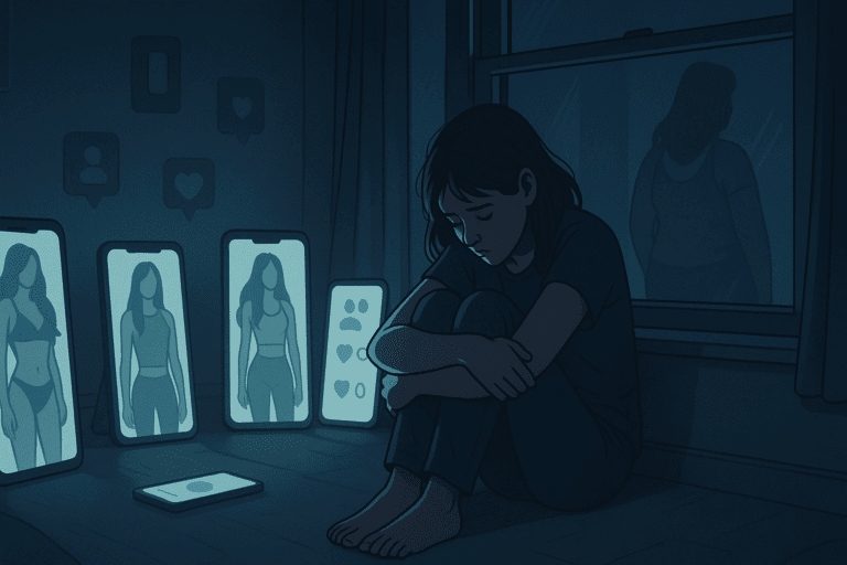 Teenage girl alone in a dim room surrounded by glowing phones with idealized body images, showing how social media may influence eating disorders.