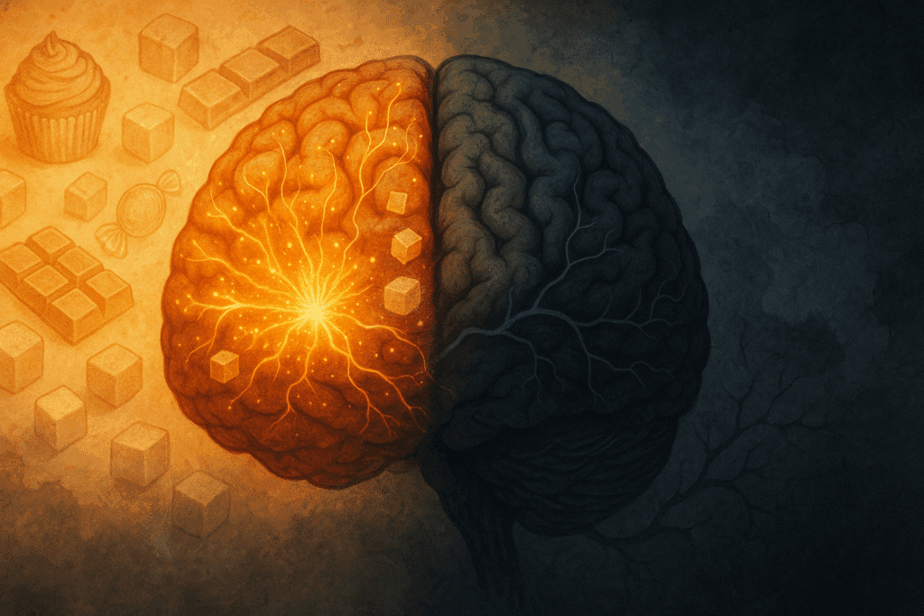 Conceptual illustration of a human brain showing how sugar and anxiety are linked, with bright dopamine activity on one side and muted serotonin pathways on the other.