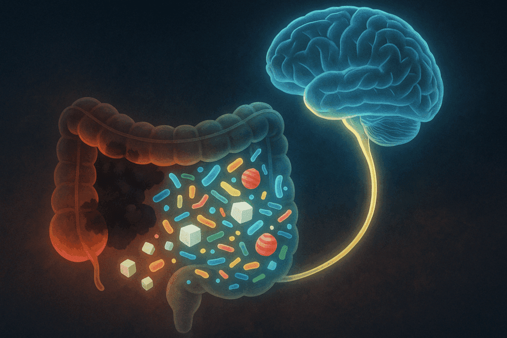 Stylized illustration showing how sugar and anxiety are linked through the gut-brain axis, with glowing microbes, inflamed gut areas, and a vagus nerve connecting to the brain