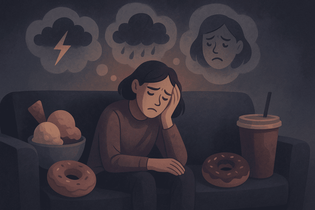 Person overwhelmed on couch surrounded by sugary foods, illustrating how sugar and anxiety are linked through emotional eating and distress.