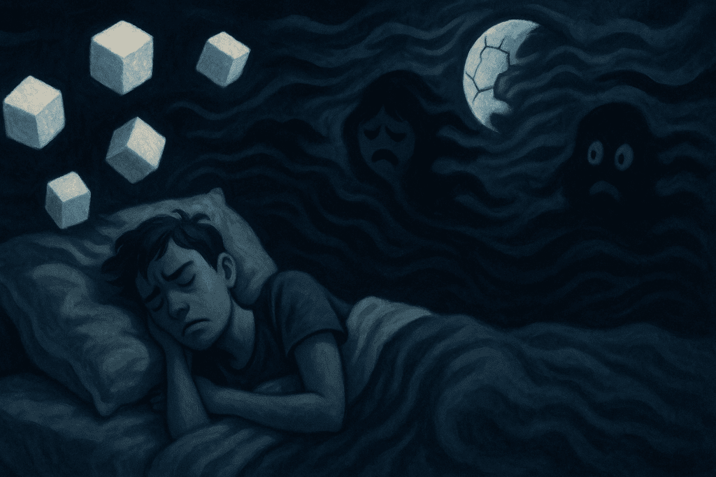 Conceptual night scene illustrating how sugar and anxiety are linked, with floating sugar cubes above a restless sleeper and a fragmented moon.