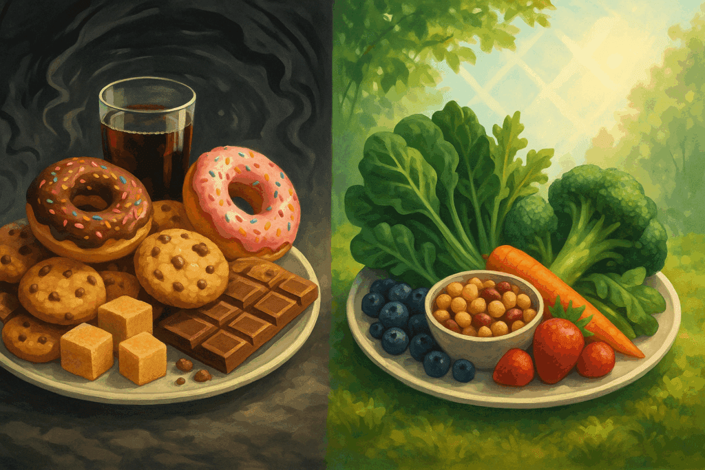 Two contrasting plates show how sugar and anxiety are linked—one with sugary snacks in a chaotic setting, the other with whole foods in a calm, natural scene.