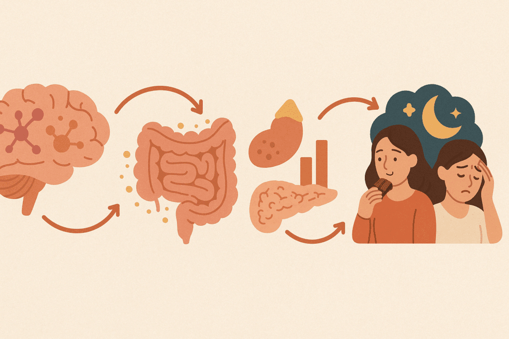 Visual infographic showing how sugar and anxiety are linked through effects on the brain, gut, hormones, and lifestyle habits