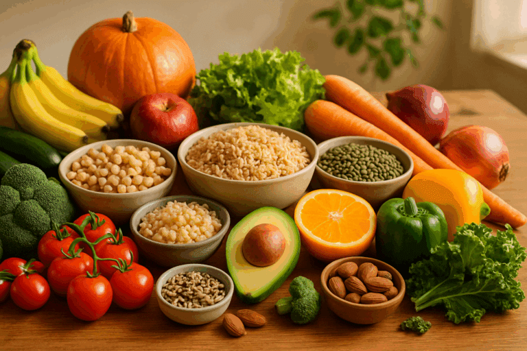 Colorful spread of fresh produce, grains, legumes, and nuts on a wooden counter, representing a balanced whole foods diet.