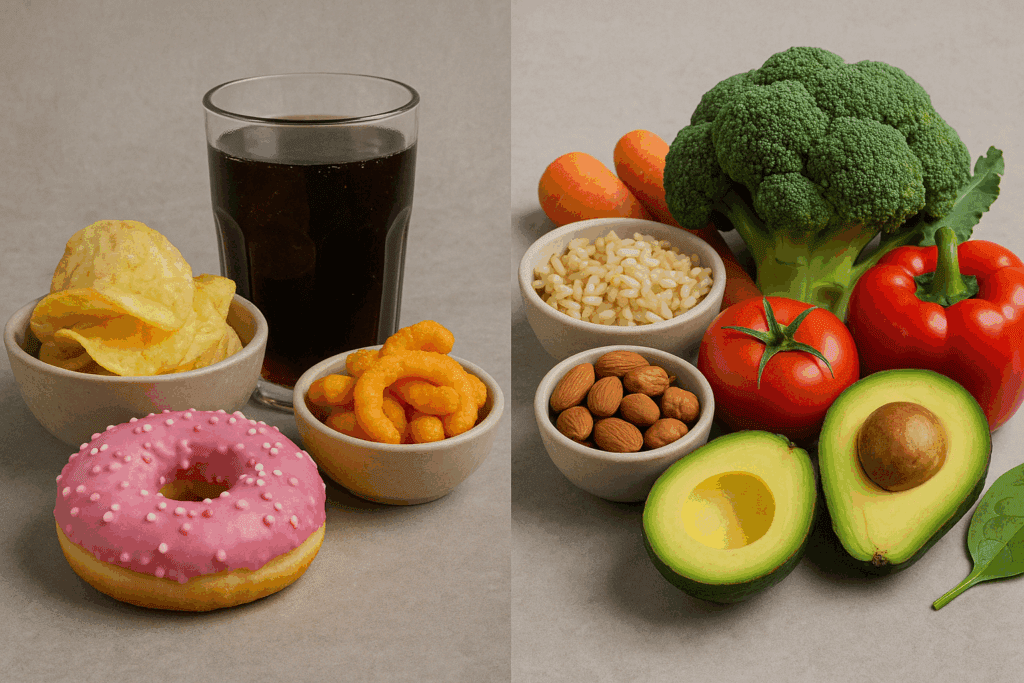 Side-by-side comparison of a processed meal and a whole foods diet meal with chips, soda, and doughnut on the left and fresh vegetables, nuts, and avocado on the right