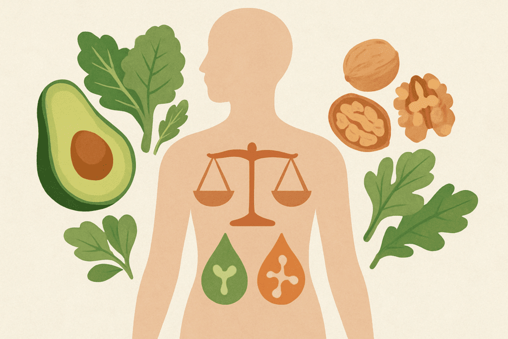 Illustration of a human silhouette showing hormone balance with icons for insulin and leptin, surrounded by whole foods like avocado, leafy greens, and walnuts to represent the benefits of a whole foods diet