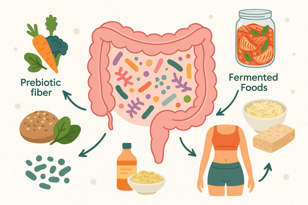 Diagram of gut microbiome showing how fermented foods and prebiotic fiber in a whole foods diet support digestion and weight loss.