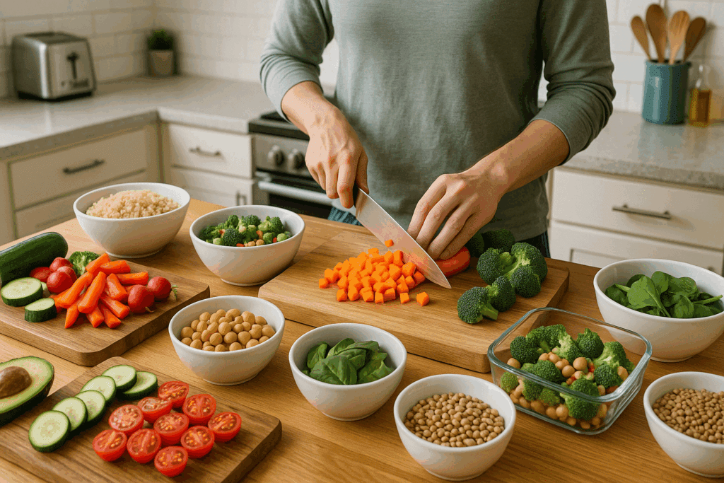 Meal prepping for a whole foods diet with fresh vegetables, quinoa, and plant-based proteins on a clean kitchen counter.